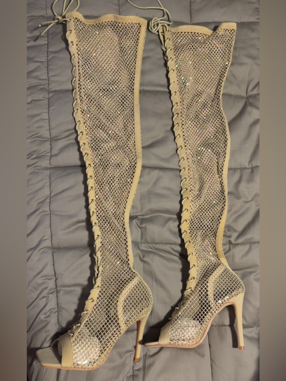Rhinestone Mesh Lace-Up thigh high boots Heels in Nude